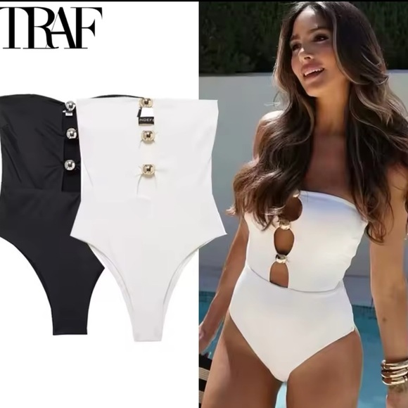 Swimsuit One Piece Bodycon Swimwear black and Gold rings Strapless Swimsuit - Picture 1 of 4